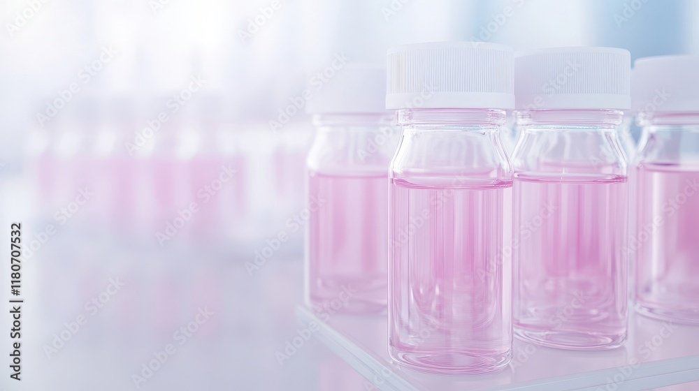 A row of pink bottles with white lids sit on a table A row of pink bottles with white lids sit on a table