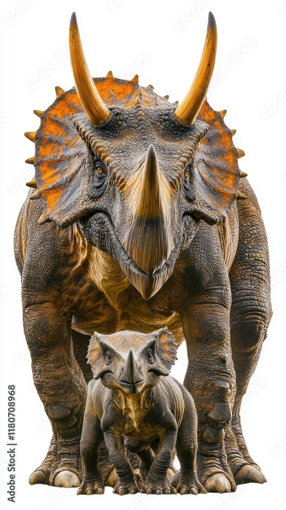 Fototapeta premium A depiction of a large dinosaur with a smaller one, showcasing prehistoric creatures.