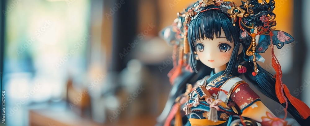 Obraz premium Exquisite collectible doll in ornate kimono, detailed face and hair.