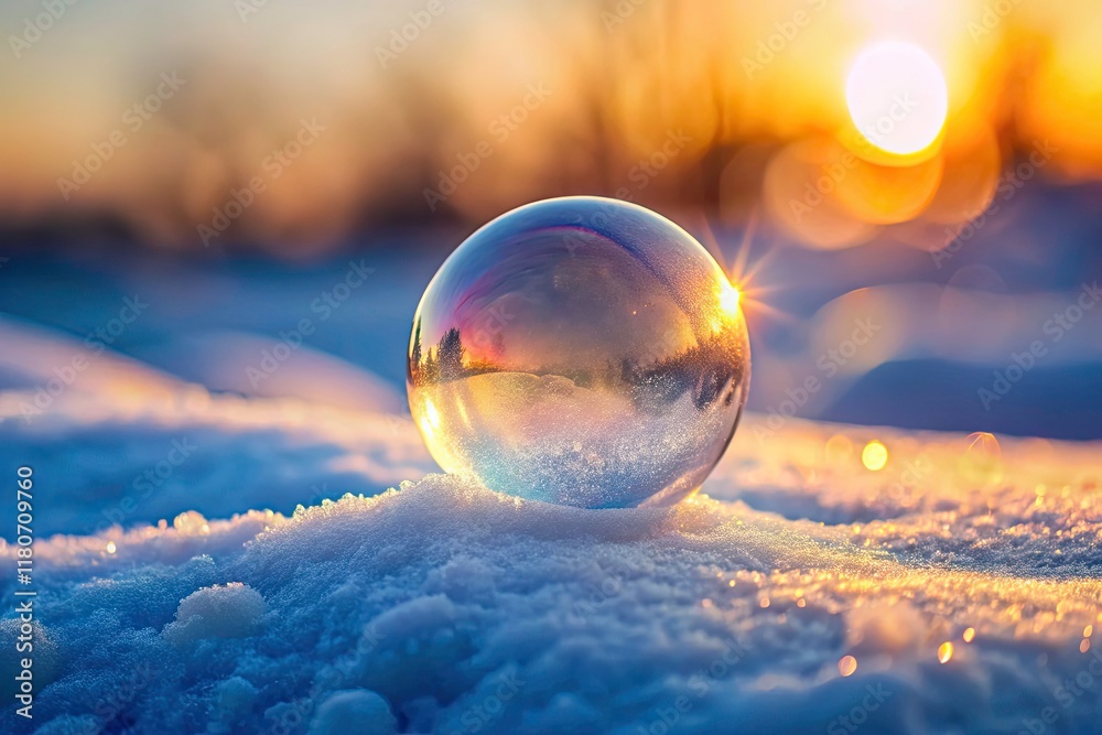 Minimalist Soap Bubble on Snow, Sunlit Winter Scene - Photography Minimalist Soap Bubble on Snow, Sunlit Winter Scene - Photography