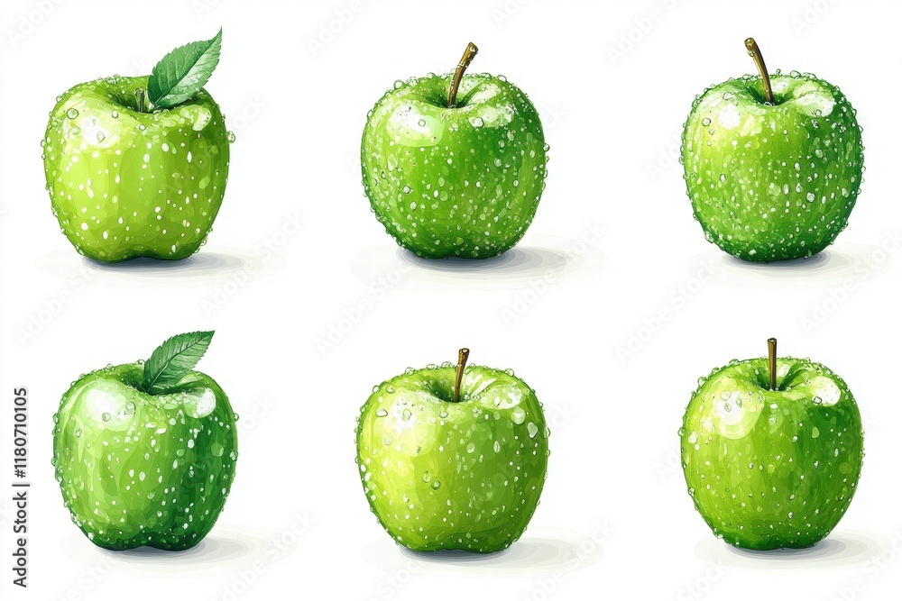 Fresh Green Apples with Water Drops on a Bright White Background Fresh Green Apples with Water Drops on a Bright White Background