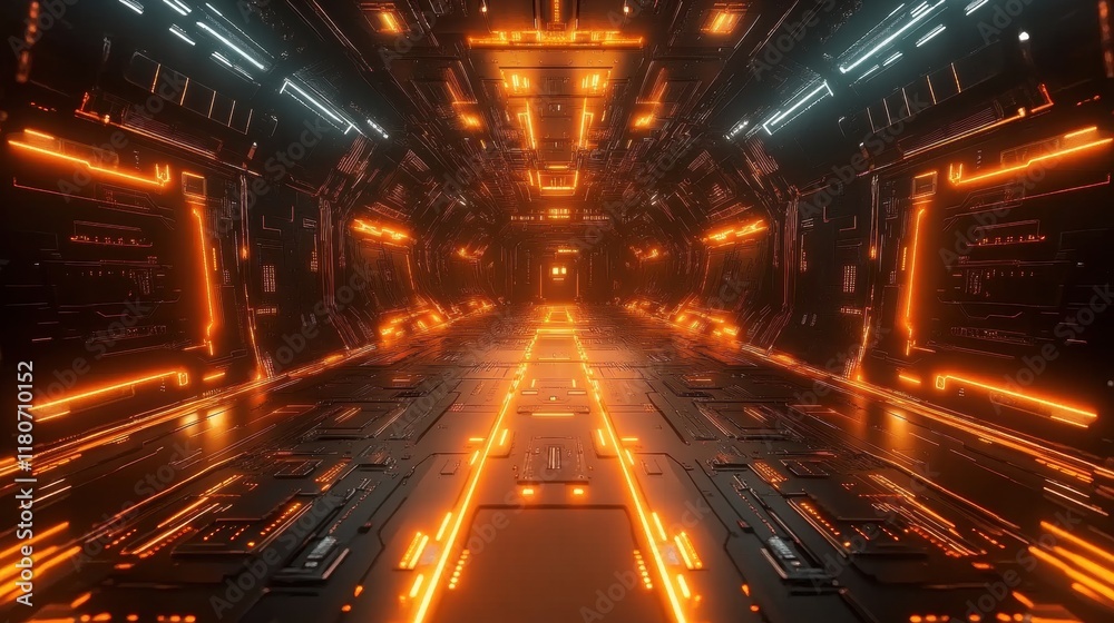 Futuristic Sci-Fi Corridor with Glowing Orange Lights and Panels Futuristic Sci-Fi Corridor with Glowing Orange Lights and Panels