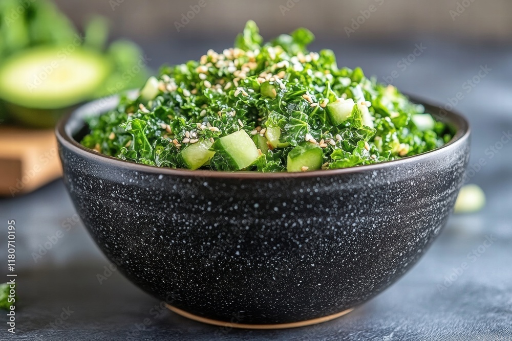 Fresh Kale Salad with Cucumbers and Sesame Seeds in Black Bowl Fresh Kale Salad with Cucumbers and Sesame Seeds in Black Bowl