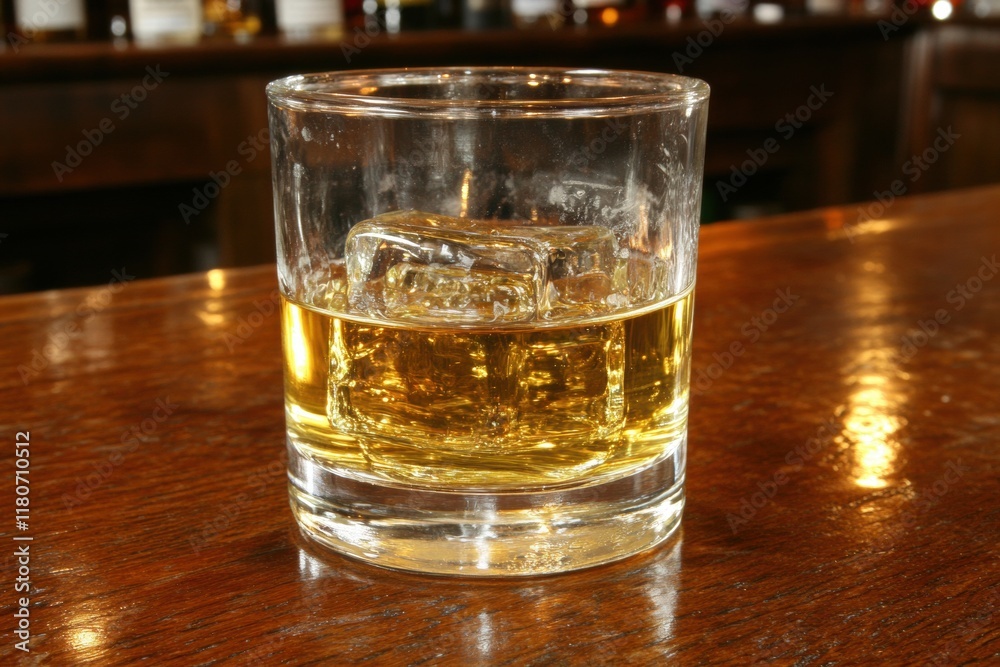 Glass of Whisky with Ice on Wooden Bar Countertop Glass of Whisky with Ice on Wooden Bar Countertop
