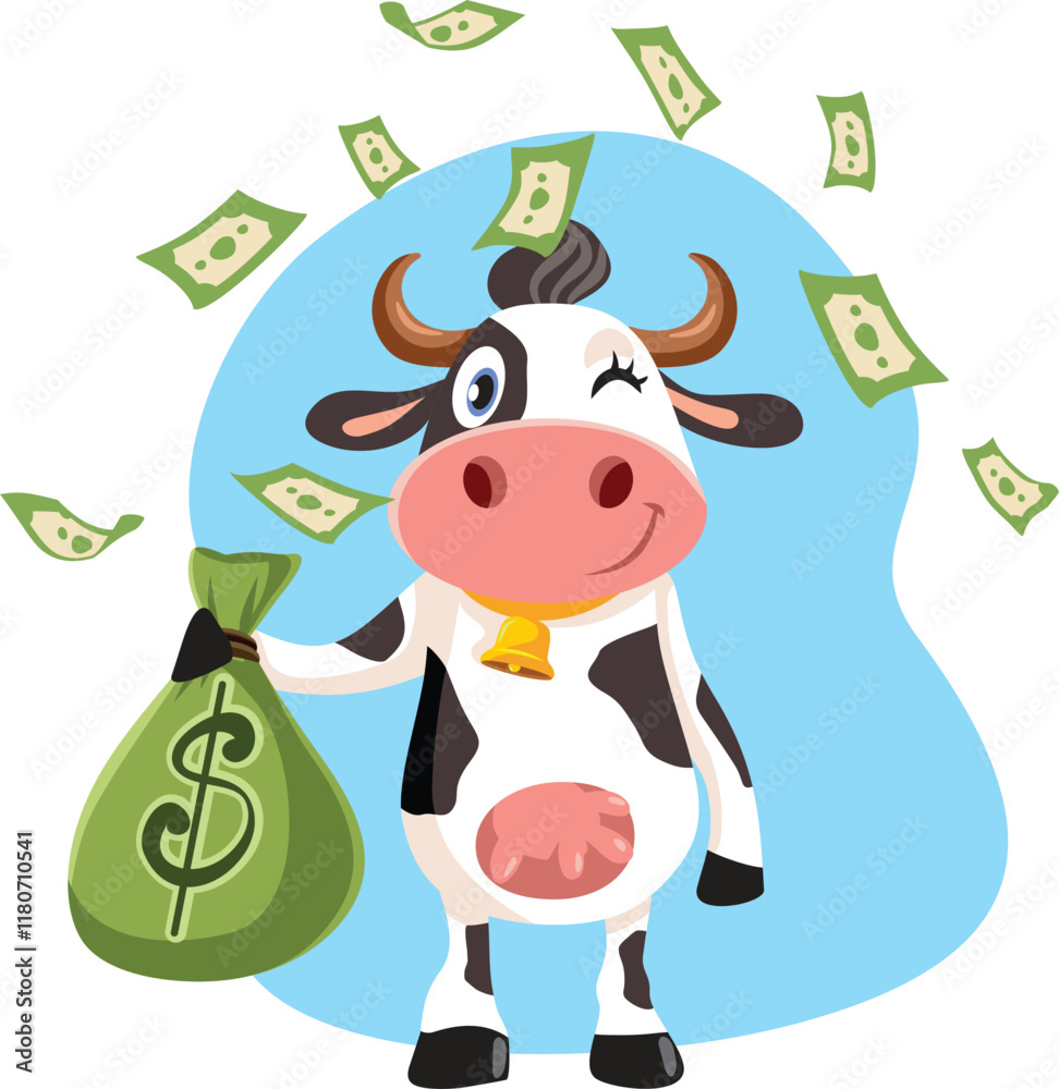 Naklejka premium Funny Cash Cow with Money Bag Vector Character. Business oriented mascot with big earnings and richness 