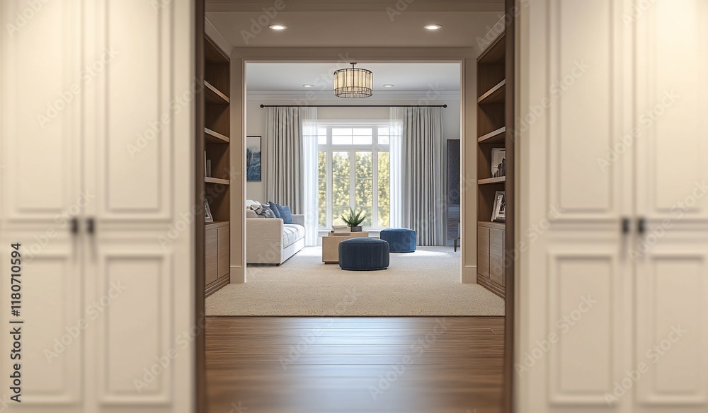 Obraz premium Interior view of a bright, airy living room with hardwood floors, white cabinets, bookshelves, a comfortable sofa, and large windows offering natural light.