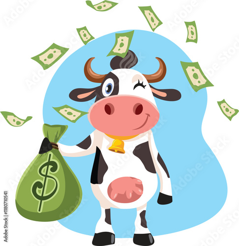 Funny Cash Cow with Money Bag Vector Character. Business oriented mascot with big earnings and richness
 
