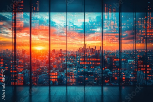 Modern City Skyline at Sunset with Reflections and Digital Overlay