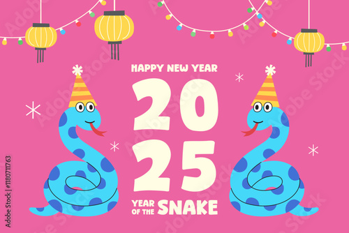 vector chinese new year 2025 year of snake, Traditional and modern design, card and background, Lunar new year 2025, snake cartoon character design