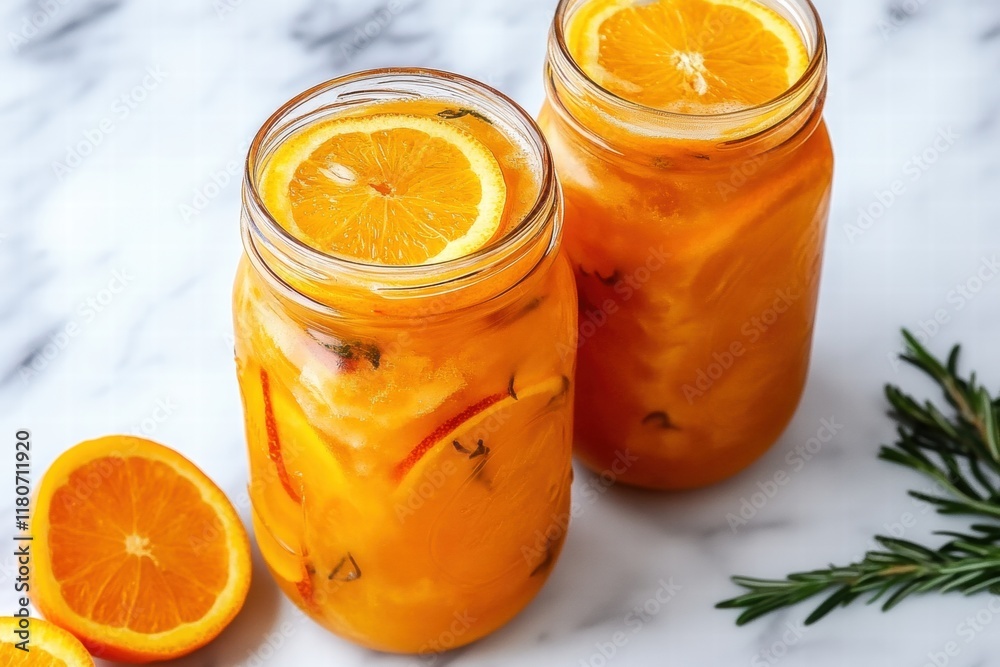 Refreshing Citrus Beverage with Orange Slices in Glass Jars Refreshing Citrus Beverage with Orange Slices in Glass Jars