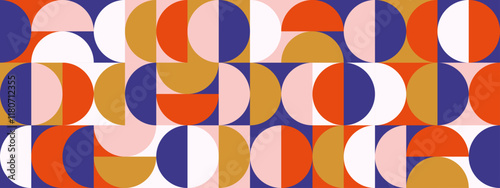 Retro semi circle seamless pattern. Abstract geometric mid century background. Colorful Swiss modernist or postmodernist style wallpaper. Vector modular repeating overlay. Red pink gold mural backdrop