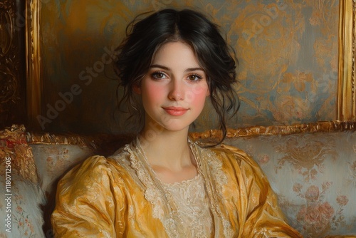 Portrait painting, young woman, golden robe.