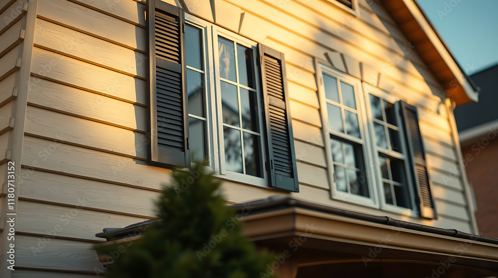 A tan-sided house with dark shutters on multiple windows. The windows are multi-paned and reflect light. A small evergreen bush is in the foreground. Sunlight illuminates part of the house's siding A tan-sided house with dark shutters on multiple windows. The windows are multi-paned and reflect light. A small evergreen bush is in the foreground. Sunlight illuminates part of the house's siding