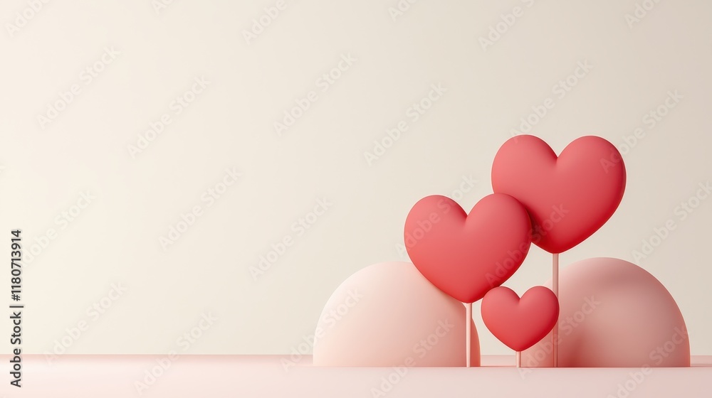 Three stylized red hearts on sticks stand against a soft, neutral background, evoking themes of love and affection.
