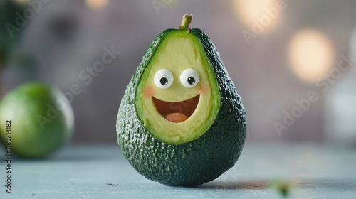 A happy avocado with googly eyes, positioned centrally on a light blue surface, with a blurred background of a lime and bokeh lighting. photo