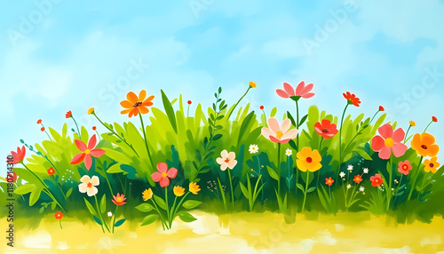 Wallpaper Mural Vibrant Colorful Floral Garden Nature Bloom Painting Illustration Background. Pink, Red, Yellow, Orange Flowers, Green Foliage, Blue Sky, Cheerful Cute Whimsical Wildflowers Art, Spring Summer Torontodigital.ca