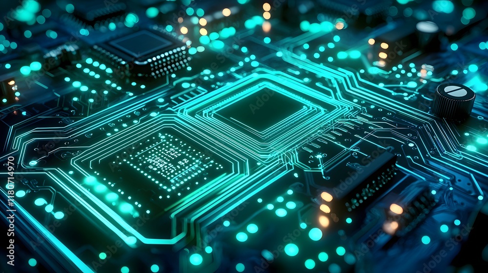 Glowing geometric circuits in shades of blue and green representing the complex and interconnected nature of advanced technology and digital systems Glowing geometric circuits in shades of blue and green representing the complex and interconnected nature of advanced technology and digital systems