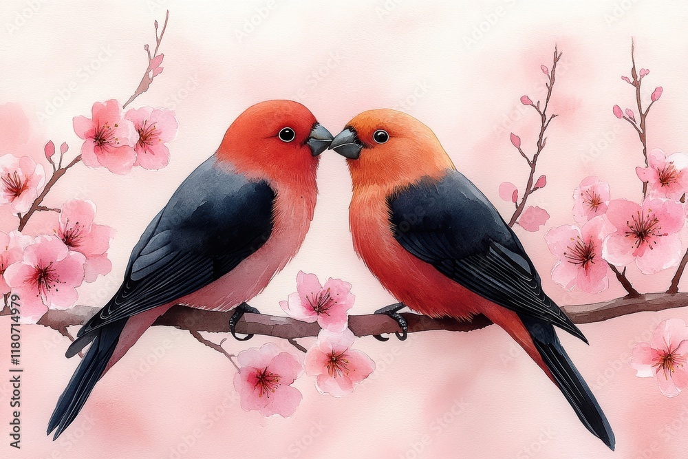 Obraz premium Lovebirds Perched Together with Cherry Blossoms in Watercolor Style