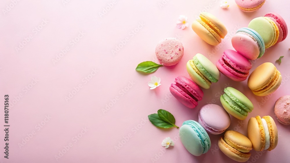 Delightful pastel macarons arranged artfully on a soft pink background, adorned with delicate blossoms and fresh green leaves, creating a visually appealing and appetizing scene.