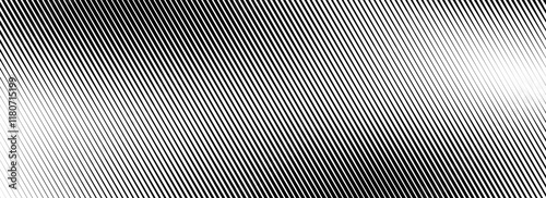 Vanishing linear gradient texture. Black diagonal stripes gradation background. Thin to thick fade slanted pattern backdrop. Vector oblique parallel strokes wallpaper for overlay, print, cover, banner