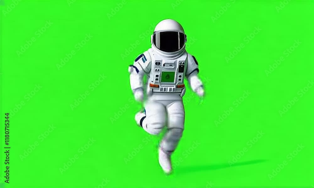 Astronaut in motion 3d render running animation on green screen background 