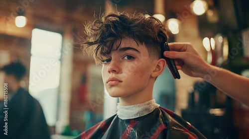 Boy getting a trendy haircut at the barbershop