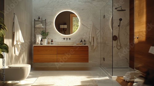 Modern bathroom design, sunlight, marble walls, wood vanity photo