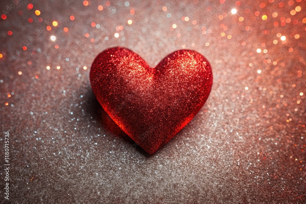 Fototapeta premium Minimalist red heart sparkles against a dark background, a romantic Valentine's Day long exposure flat lay.