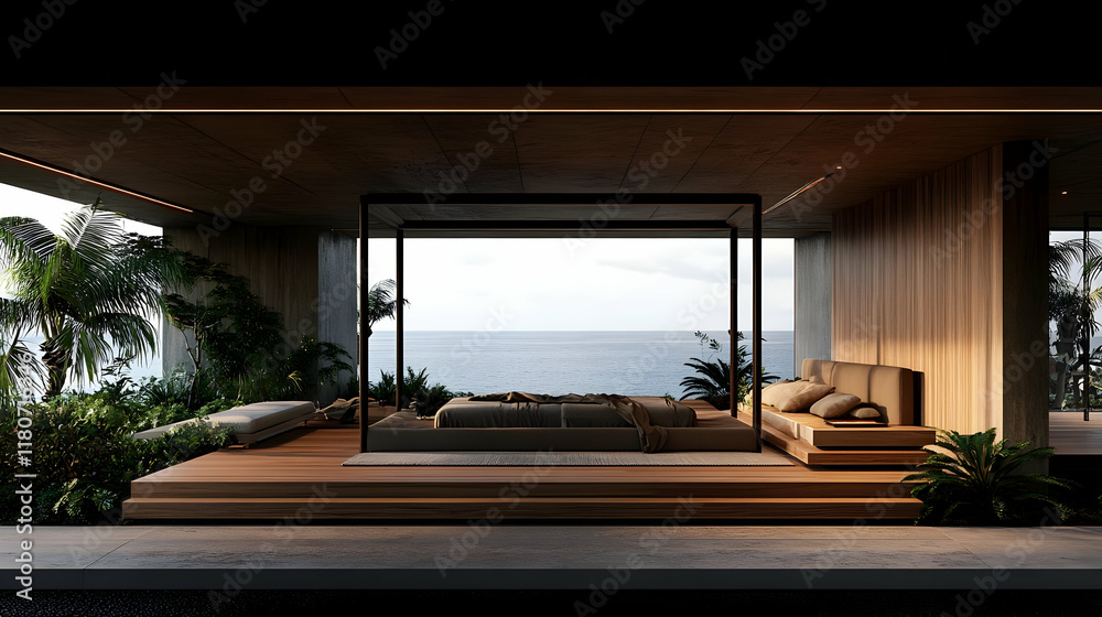 Fototapeta premium Ocean View Bedroom 3D Render