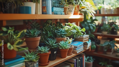 A cozy, zoomed-in view of numerous shelves filled with books and succulents, set in a warm, bright interior. photo