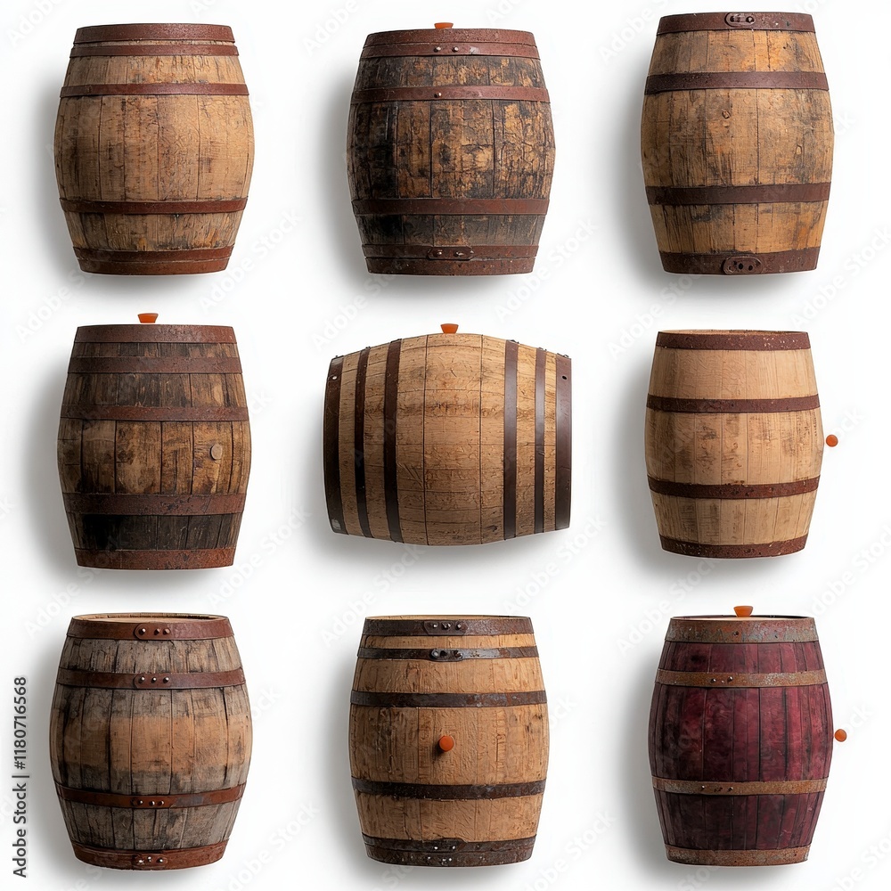 Fototapeta premium Nine Rustic Wooden Barrels Vintage Oak Casks Isolated on White