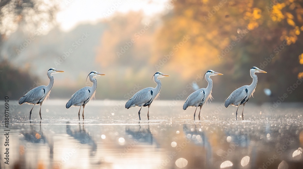 Obraz premium Five grey herons wading in shallow water at sunrise, reflected in calm water with blurred autumn foliage background.
