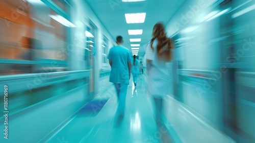 A healthcare professional walks through a hospital corridor, emphasizing motion and urgency.
