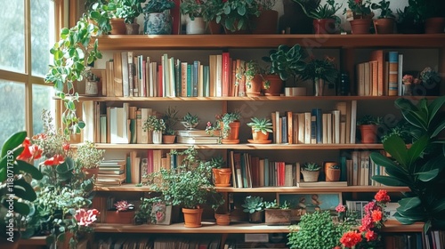 A cozy, zoomed-in view of numerous shelves filled with books and succulents, set in a warm, bright interior. photo