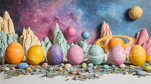 Colorful cosmic Easter eggs shaped like planets in a vibrant galactic themed environment with a surreal and creative digital art backdrop photo