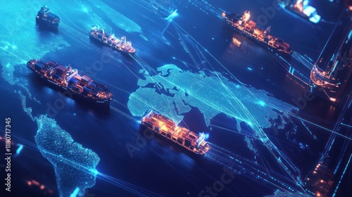 Global shipping network, cargo ships, world map, digital connection, transportation, logistics.