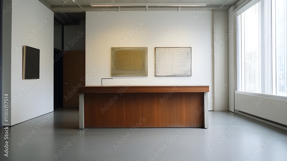 empty office with a large desk and a few pieces of abstract art hanging on the wall empty office with a large desk and a few pieces of abstract art hanging on the wall