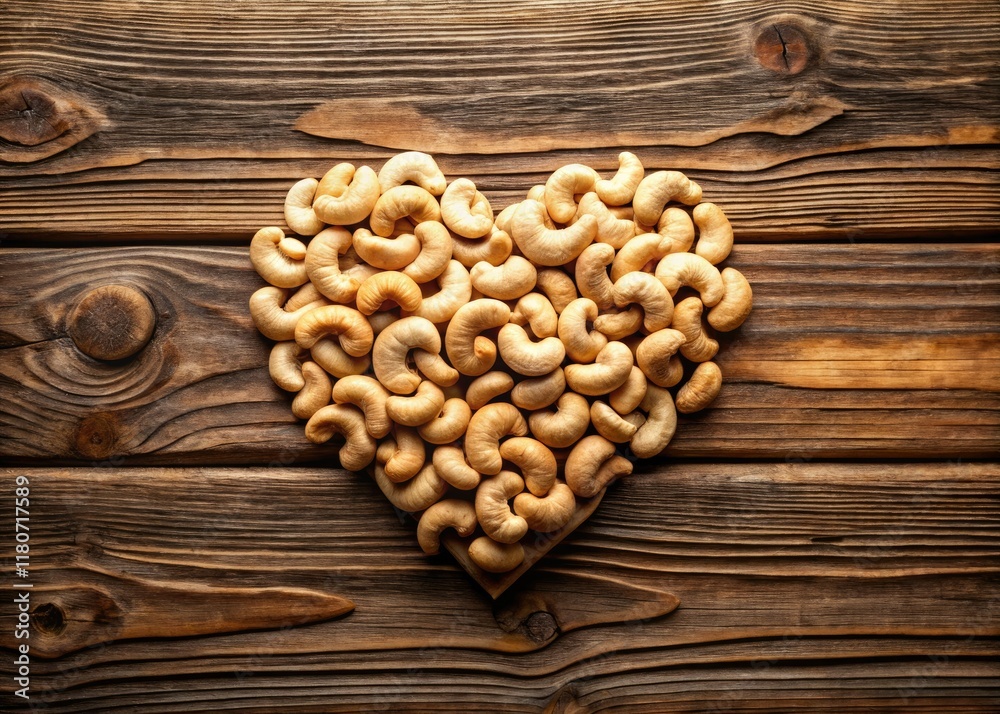 Romantic heart-shaped cashew arrangement on rustic wood; a healthy, delicious snack. Romantic heart-shaped cashew arrangement on rustic wood; a healthy, delicious snack.