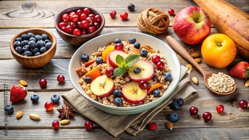 Wallpaper Mural A delightful breakfast bowl brimming with wholesome oats, vibrant berries, and juicy apple slices, garnished with fresh mint; a healthy and appetizing start to the day Torontodigital.ca