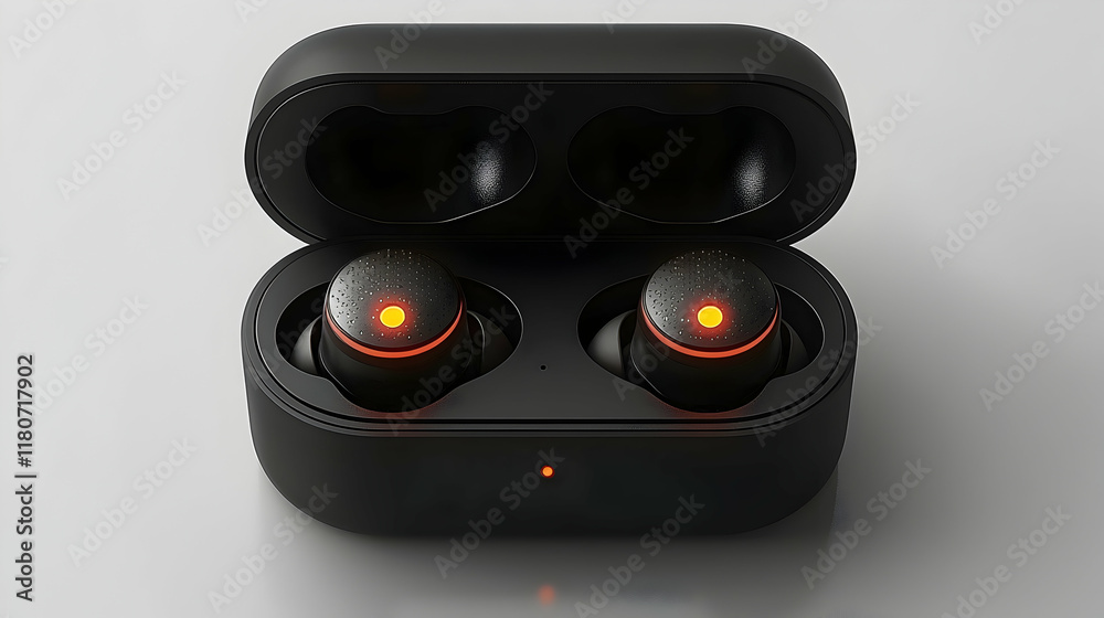 Fototapeta premium Wireless earbuds charging in case, studio shot, white background, technology product shot.
