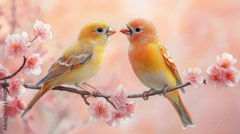 Watercolor Lovebirds Perched Together on a Branch with Blossoms Watercolor Lovebirds Perched Together on a Branch with Blossoms