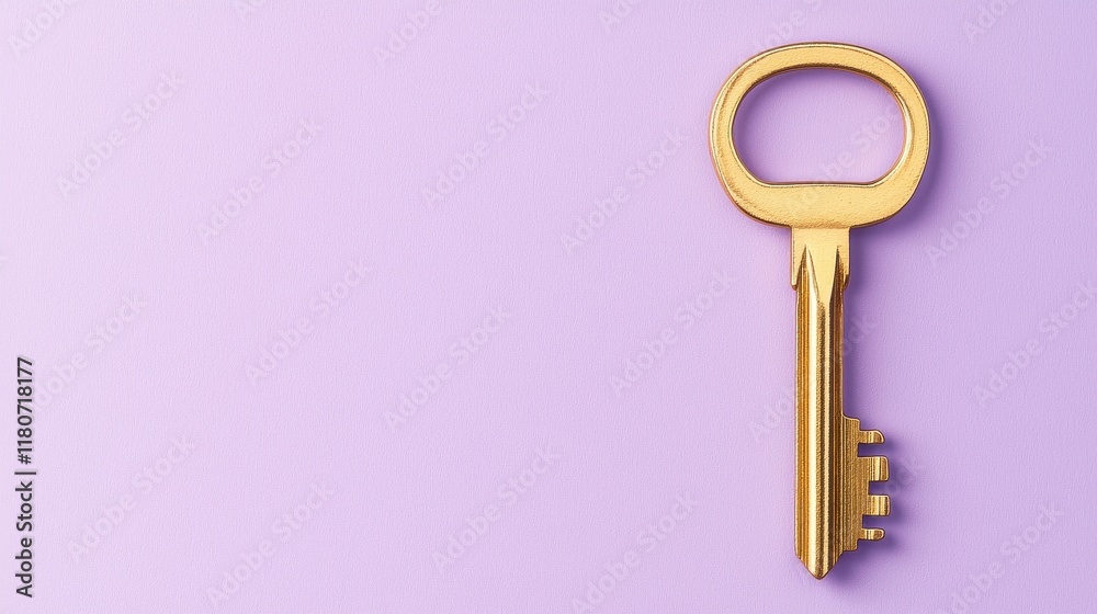 Stylish Gold Key on Soft Purple Background for Creative Projects Stylish Gold Key on Soft Purple Background for Creative Projects