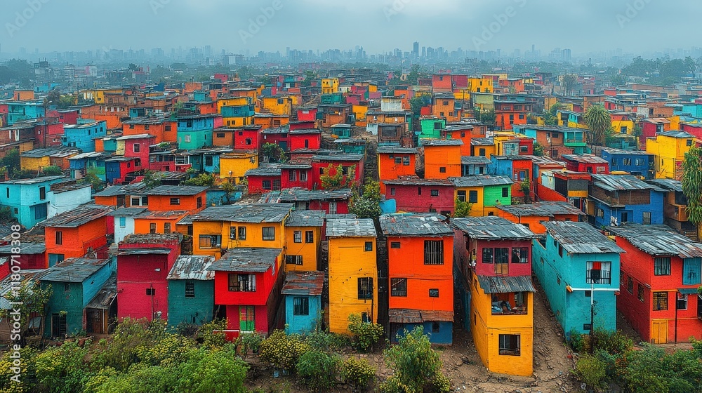 Obraz premium Colorful hillside houses, vibrant city backdrop.
