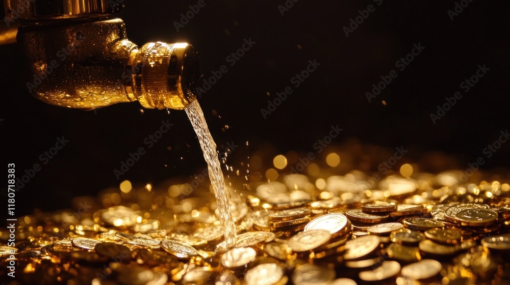 Golden Tap Pouring Water Onto a Pile of Gold Coins Golden Tap Pouring Water Onto a Pile of Gold Coins