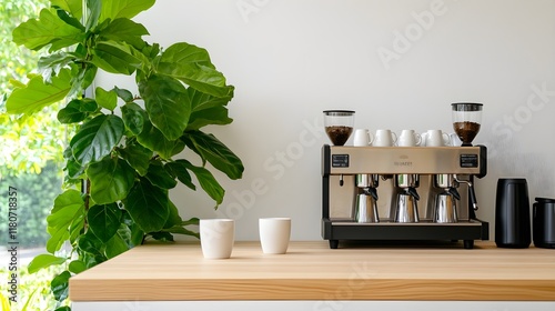 A stylish coffee station featuring a high-end espresso machine sits on a light wooden counter.