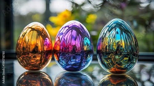 Futuristic Easter eggs coated in liquid metal that shifts and shimmers through a spectrum of vivid iridescent hues creating a captivating and surreal visual experience photo