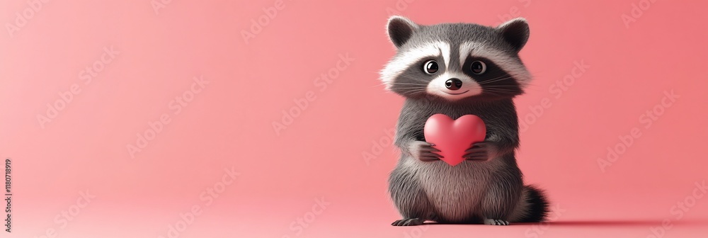 Fototapeta premium Cute cartoon raccoon holding a heart on pink background.