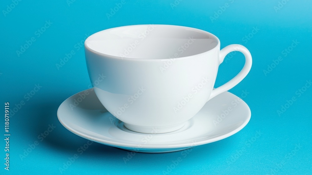 Empty White Cup and Saucer on Vibrant Blue Background Empty White Cup and Saucer on Vibrant Blue Background