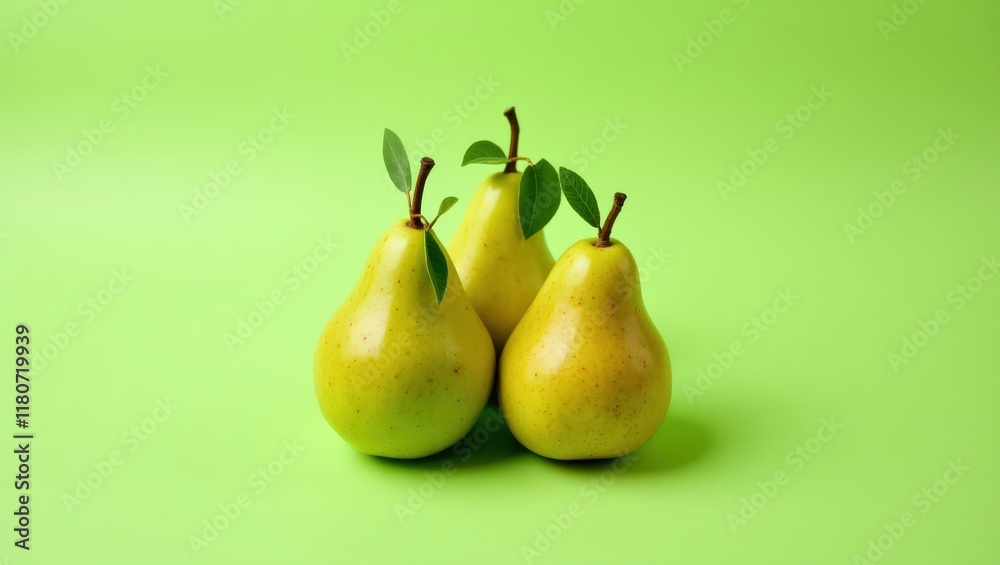 Three fresh yellow pears with leaves on a vibrant green background - signifying healthy eating and abundance - perfect for food blogs, health campaigns and product packaging Three fresh yellow pears with leaves on a vibrant green background - signifying healthy eating and abundance - perfect for food blogs, health campaigns and product packaging