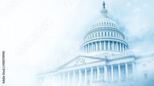 A white background with a blue dome on top of the Capitol building